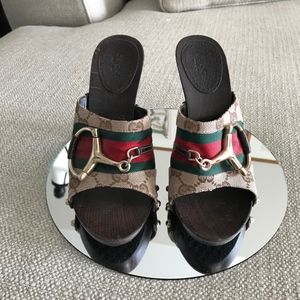 GG Canvas Vintage Web Horsebit Wood Mule Heel